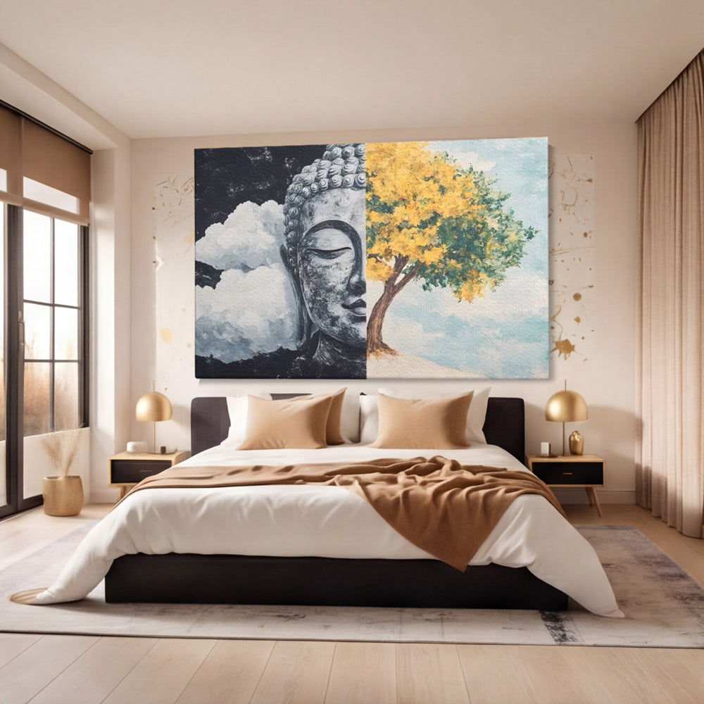 Tablou canvas cu tablou canvas cu buddha si copac, fara rama, pe sasiu de lemn, pe perete intr-un dormitor